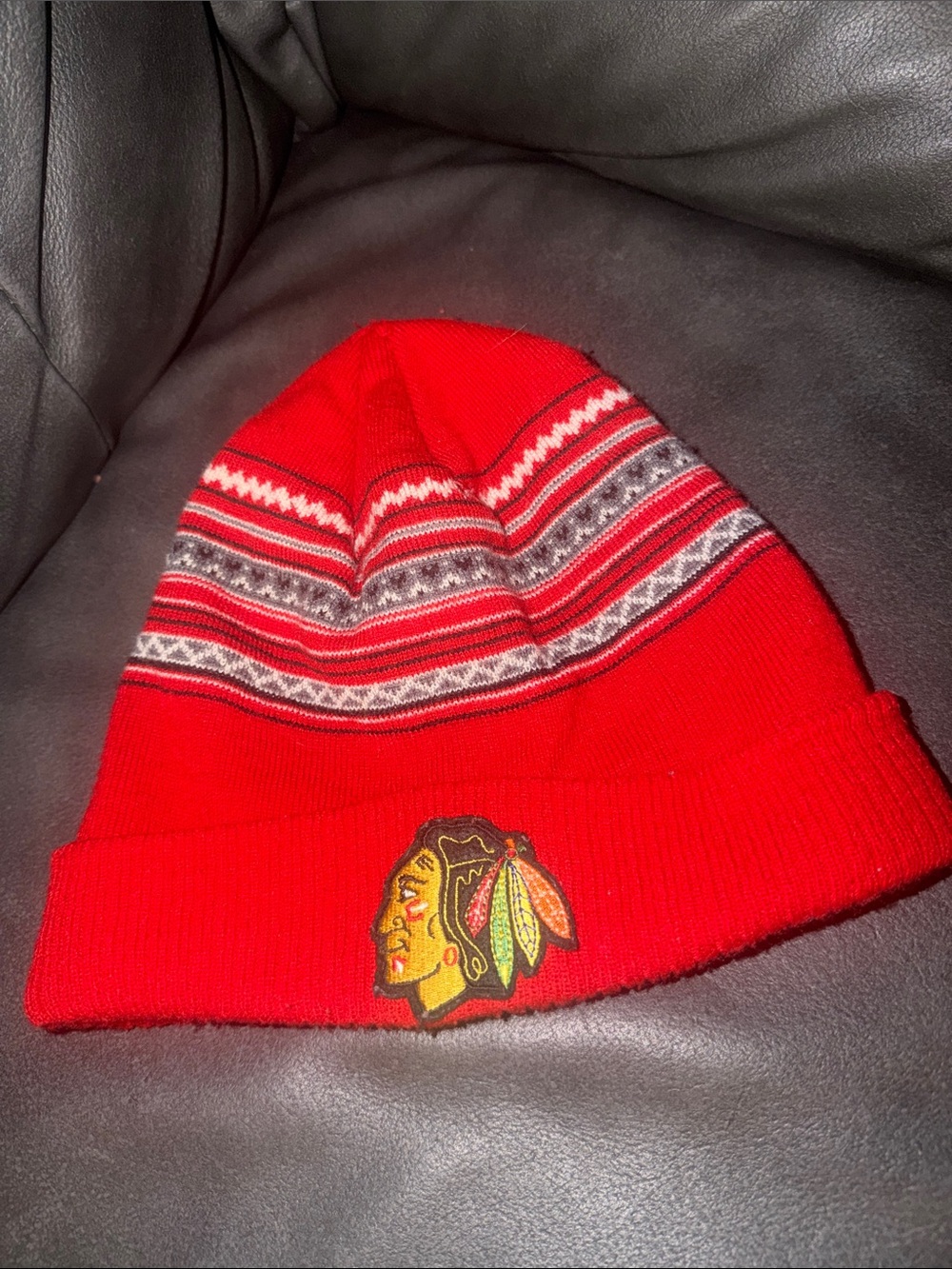 Reebok Red Knit Kids Beanie with Striped Pattern and Team Patch
